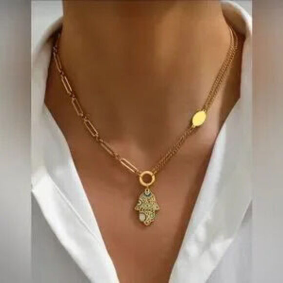 Jewelry - Gold Stainless Steel Hamsa Evil Eye Layered Necklace Mixed Chain Pendant Dainty